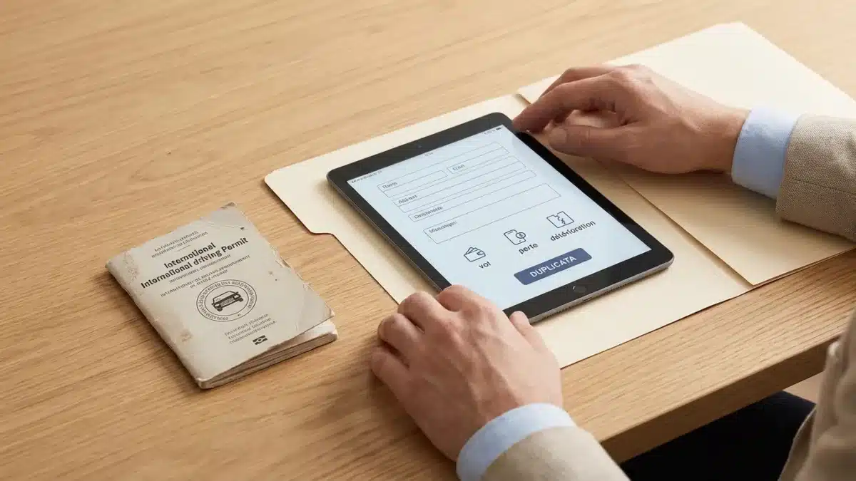 Un voyageur effectue les démarches urgentes pour remplacer son permis international perdu ou volé.