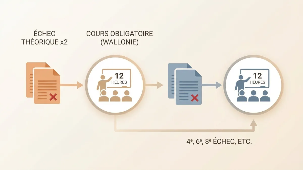 Un élève suit des cours théoriques obligatoires en auto-école après deux échecs à l'examen.