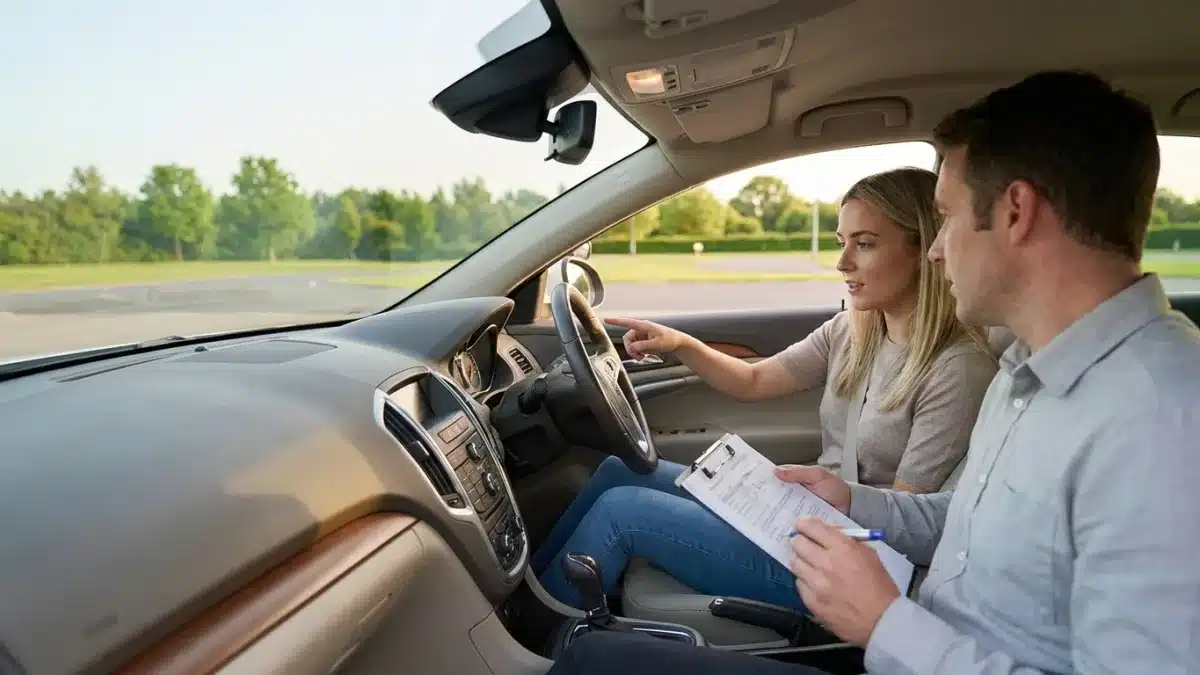 Un candidat au permis de conduire effectue les vérifications techniques du véhicule devant l'examinateur.