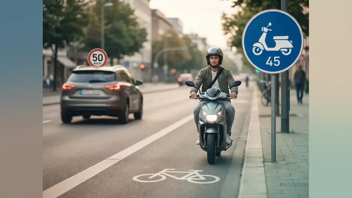 Conducteur de cyclomoteur appliquant le code de la route et les règles de circulation.