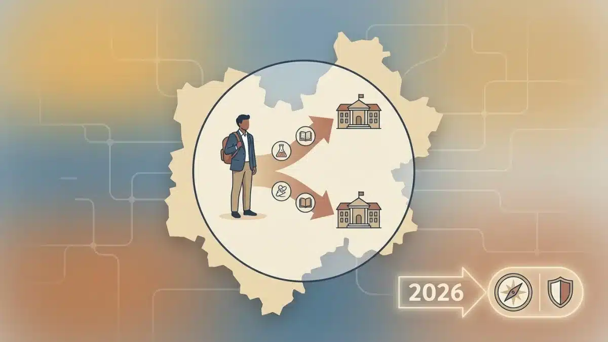 Étudiant consultant une carte régionale montrant les nouvelles règles de 2026 pour le changement de filière.