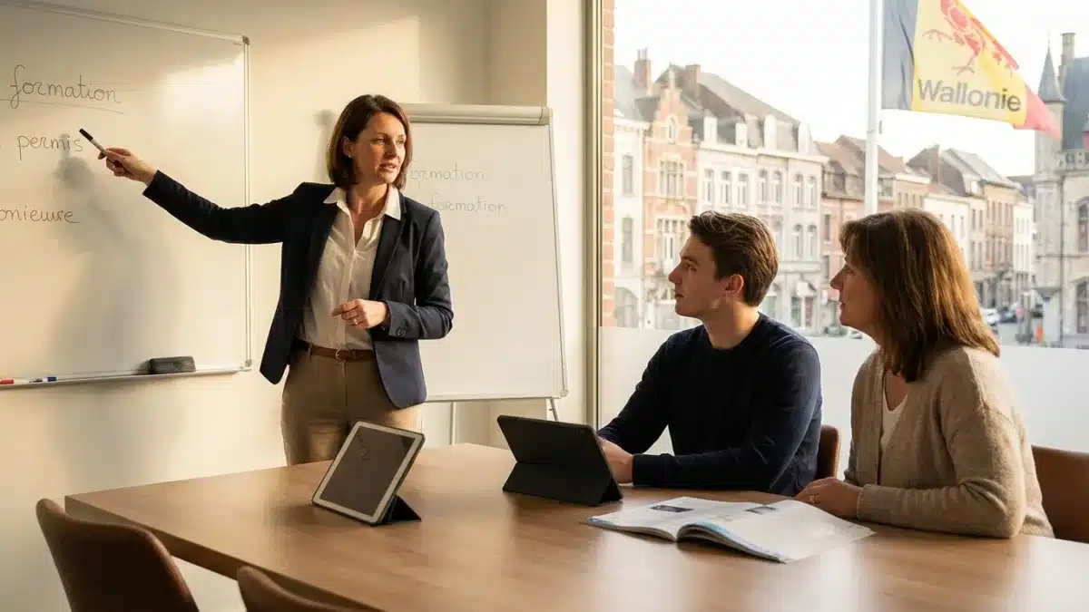 Un guide et un élève conducteur discutent dans une voiture lors du rendez-vous pédagogique obligatoire en Wallonie.