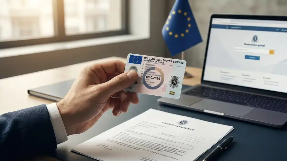 Nouveau permis de conduire belge posé sur un bureau à côté de documents administratifs de renouvellement.