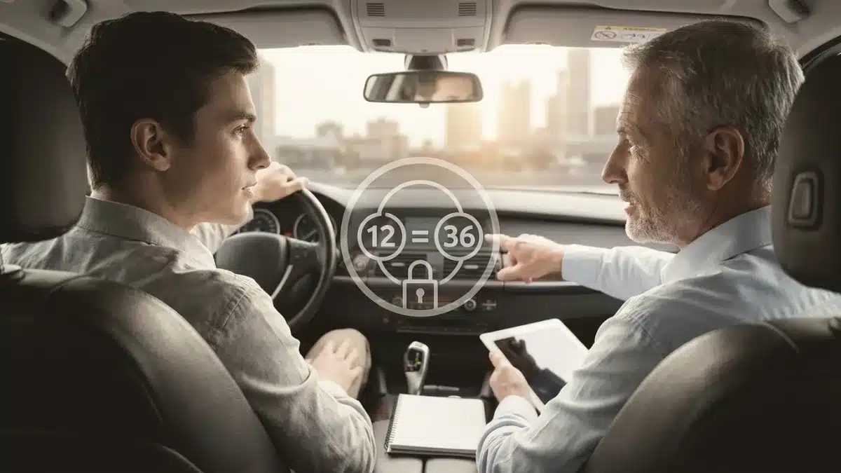 Un apprenti conducteur au volant accompagné de son guide expérimenté respectant les règles du permis M12.