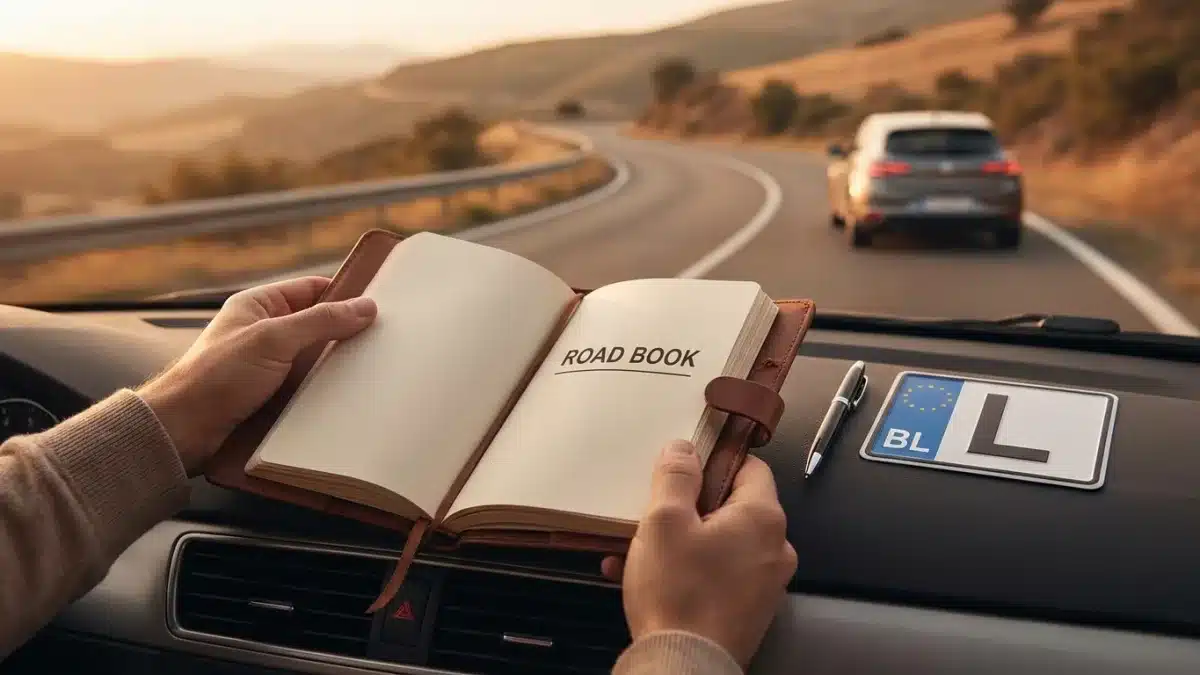 Carnet de bord routier ouvert sur un tableau de bord pour le suivi des kilomètres du permis.