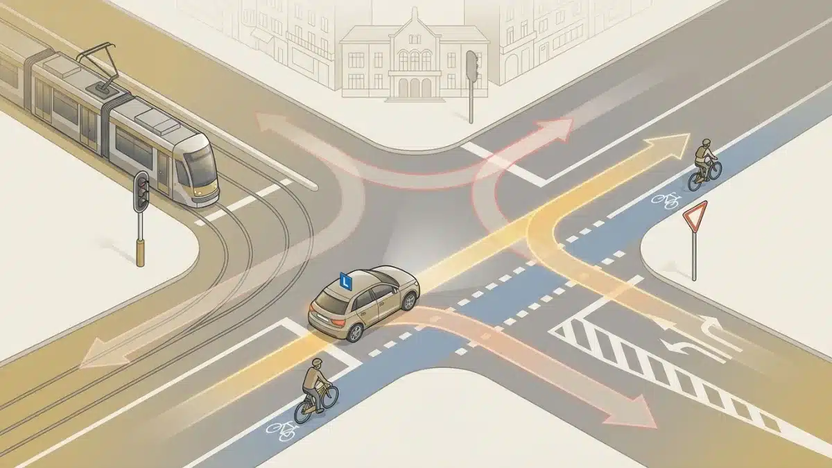 Voiture circulant dans le trafic bruxellois complexe pour illustrer les défis de l'examen pratique.