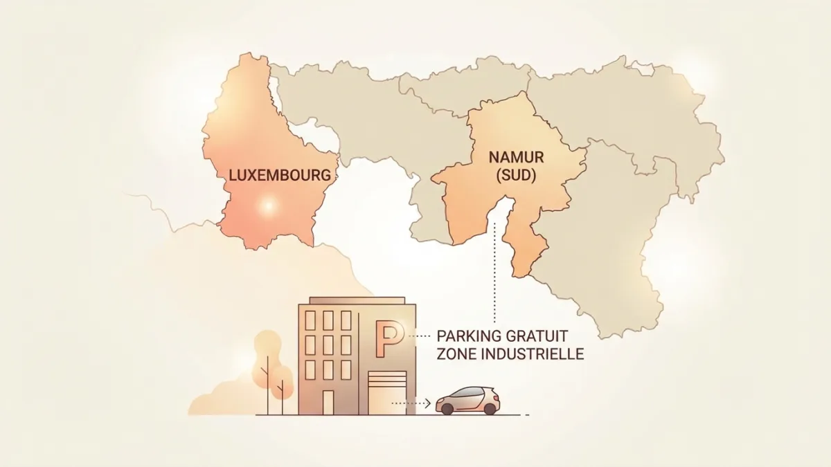 Vaste parking gratuit devant le centre d'examen situé dans le zoning industriel de Marche-en-Famenne.