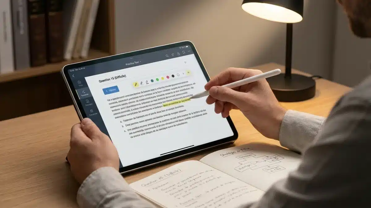 Candidat s'entraînant sur un test blanc pour repérer les questions pièges sous pression.