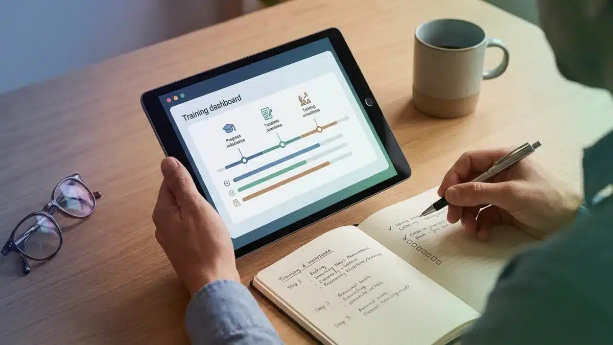 Conducteur en apprentissage analysant ses courbes de progression sur un road book pour ajuster sa formation.