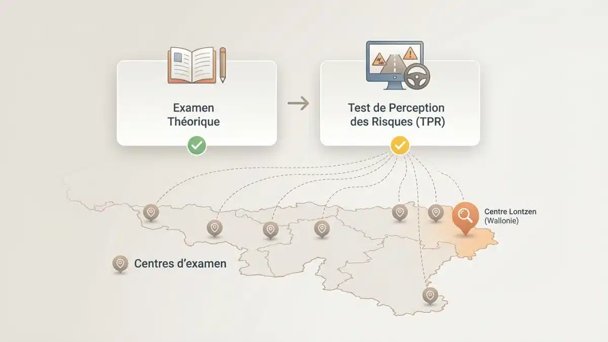 Candidat passant le test de perception des risques sur ordinateur dans un centre d'examen en Wallonie.