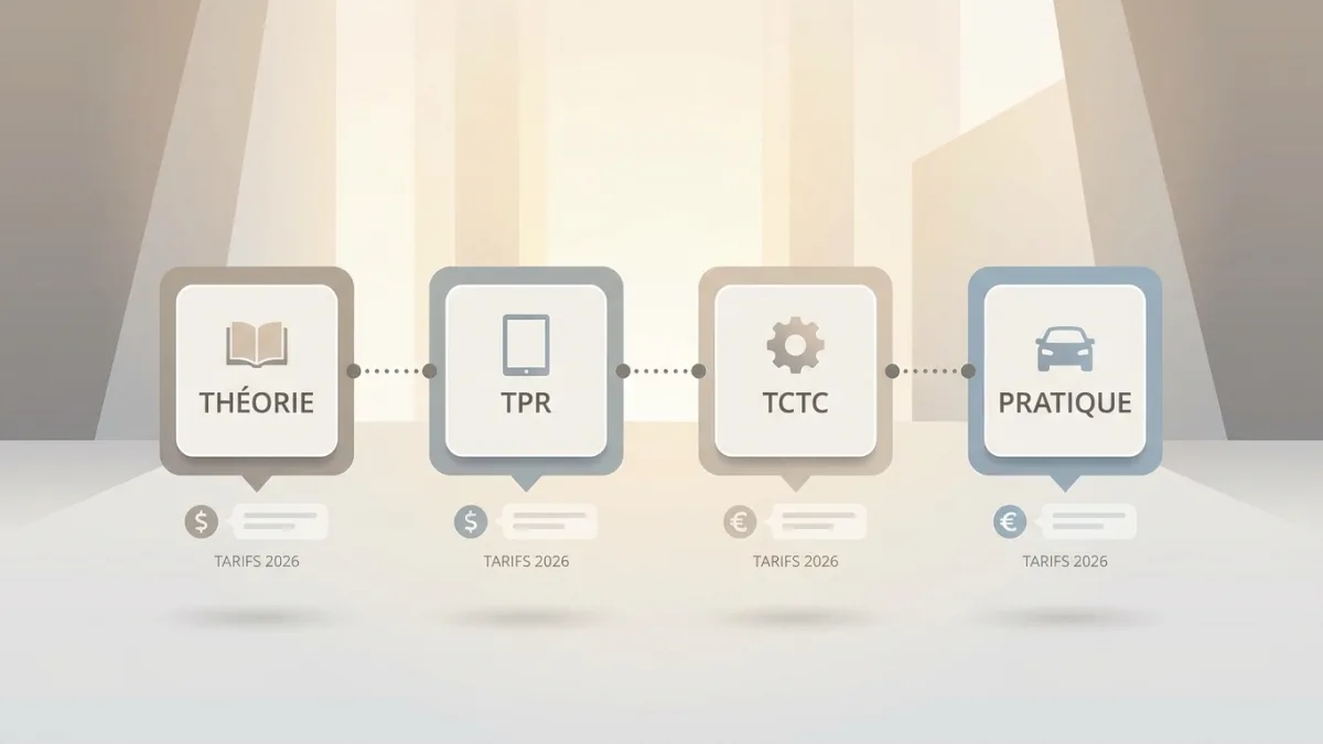 Un tableau détaille les épreuves théoriques et pratiques du permis B avec les tarifs 2026.