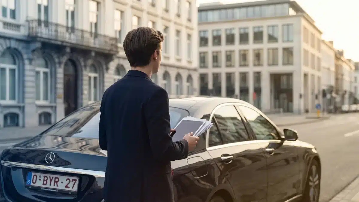 Jeune conducteur belge tenant les clés de sa première voiture avec son contrat d'assurance auto.