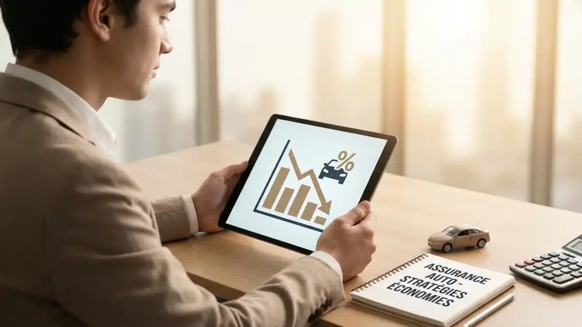 Jeune conducteur calculant ses économies pour réduire sa prime d'assurance auto sur un ordinateur.