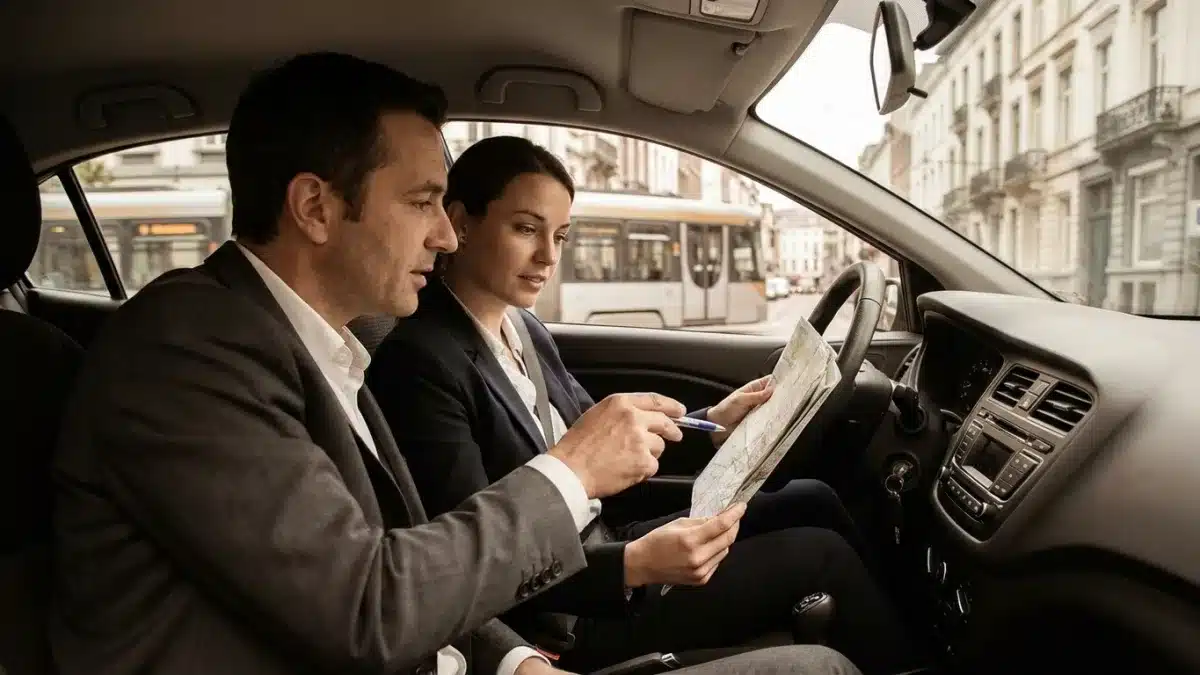 Un élève conducteur et son moniteur repèrent les rues de Bruxelles pour préparer l'examen pratique.