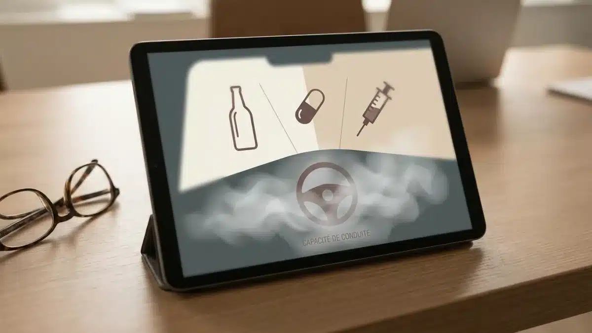 Conducteur au volant confronté aux dangers de l'alcool, des drogues et des médicaments.