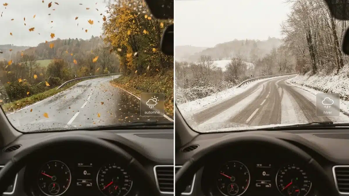 Voiture auto-école circulant sur une route vallonnée d'Arlon sous la pluie automnale.