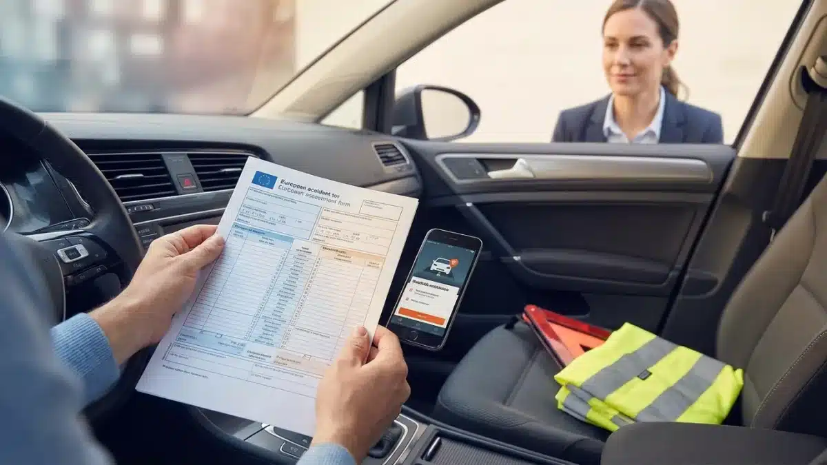 Jeune conducteur remplissant un constat amiable sur le capot de sa voiture après un petit accrochage.