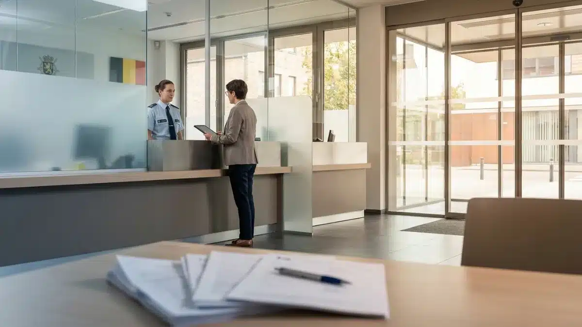 Conducteur inquiet regardant son portefeuille vide après la perte de son permis de conduire belge.