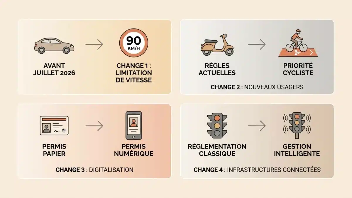 Tableau récapitulatif des 4 changements du 1er juillet 2026.
