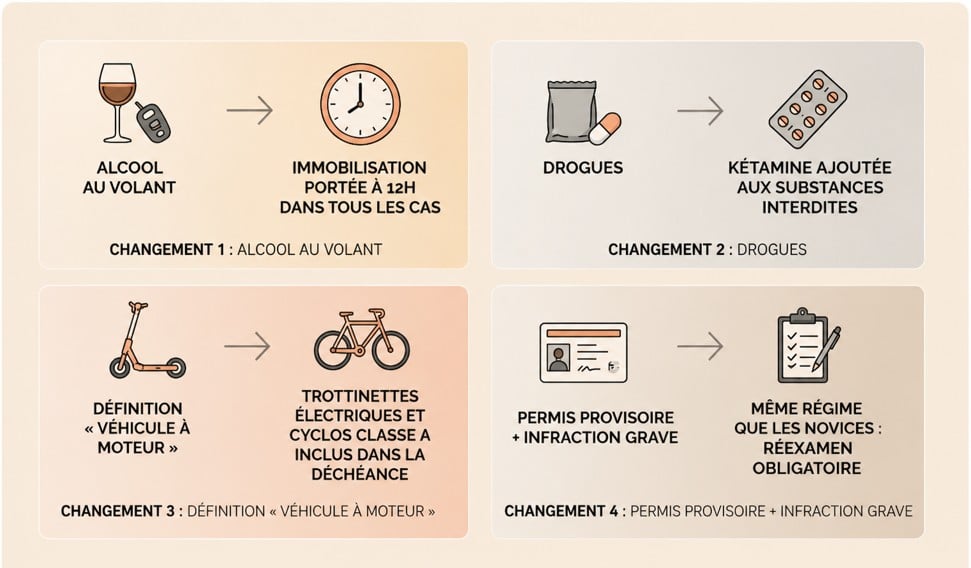Tableau récapitulatif des 4 changements du 1er juillet 2026.